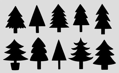 Obraz premium A set of silhouettes of Christmas trees on a light gray background. Suitable for season and holiday decorations. Black and white vector hand-drawn illustration.