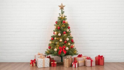 Decorated Christmas tree and gift boxes against white brick wall with copy space, holiday, merry