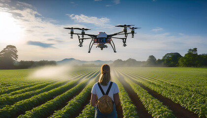 Drone Spraying Crops in a Rural Farm Field as a Woman Observes, Showcasing Smart Agriculture