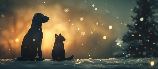 Silhouette of a cat and dog enjoying snowy christmas season, evening theme