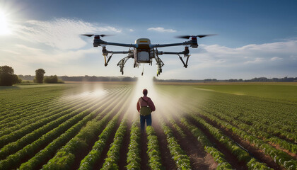 Agricultural Drone Spraying Crops in a Field as Farmer Monitors, Revolutionizing Modern Farming Practices