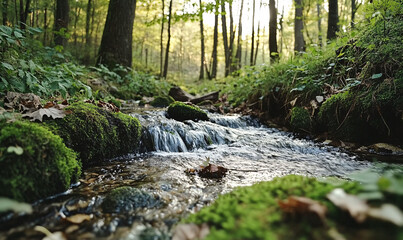 Obraz premium Serene Forest Stream with Lush Greenery