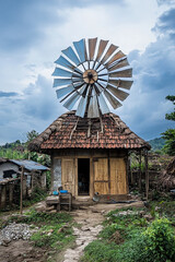 conceptual image windmill fan generate electricity in a small village generated by AI