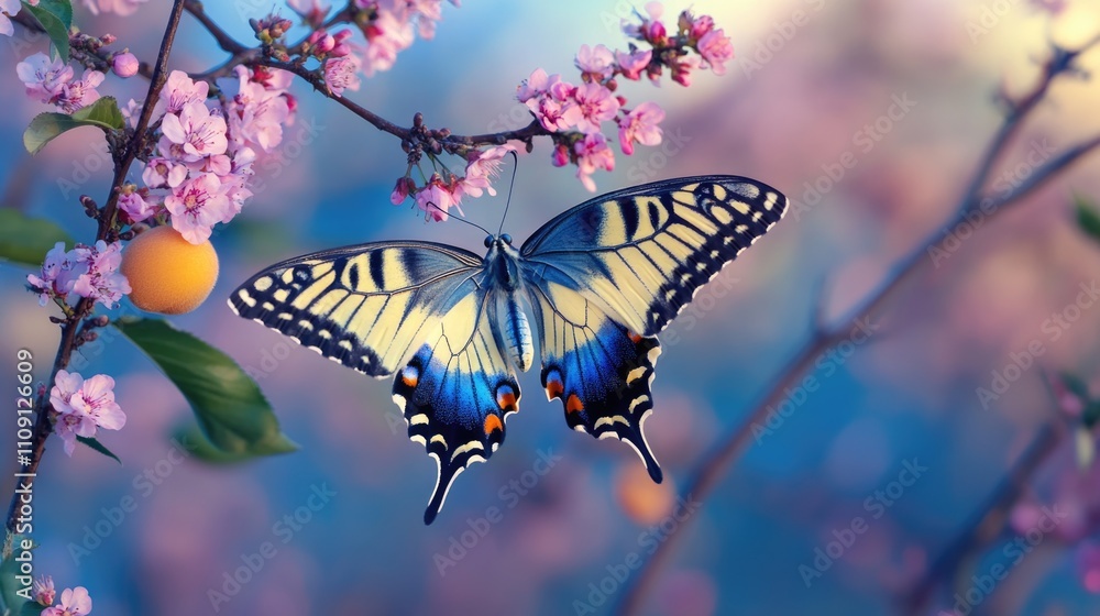 Poster a colorful butterfly perched on the edge of a tree branch, ready to take flight