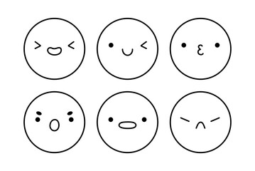 A cute emoji set with different facial expressions. Doodle characters with happy, joyful, sad, disappointed, surprised, angry mood. Vector hand-drawn illustration. Perfect for social media, stickers.
