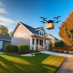 High-Tech Drone Carrying a Package to a Contemporary Suburban Home in a Modern City Setting