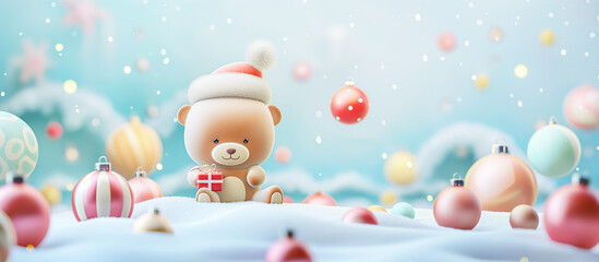 Fototapeta premium Festive teddy bear-themed Christmas design with cartoony style with colorful baubles and open space for text. 