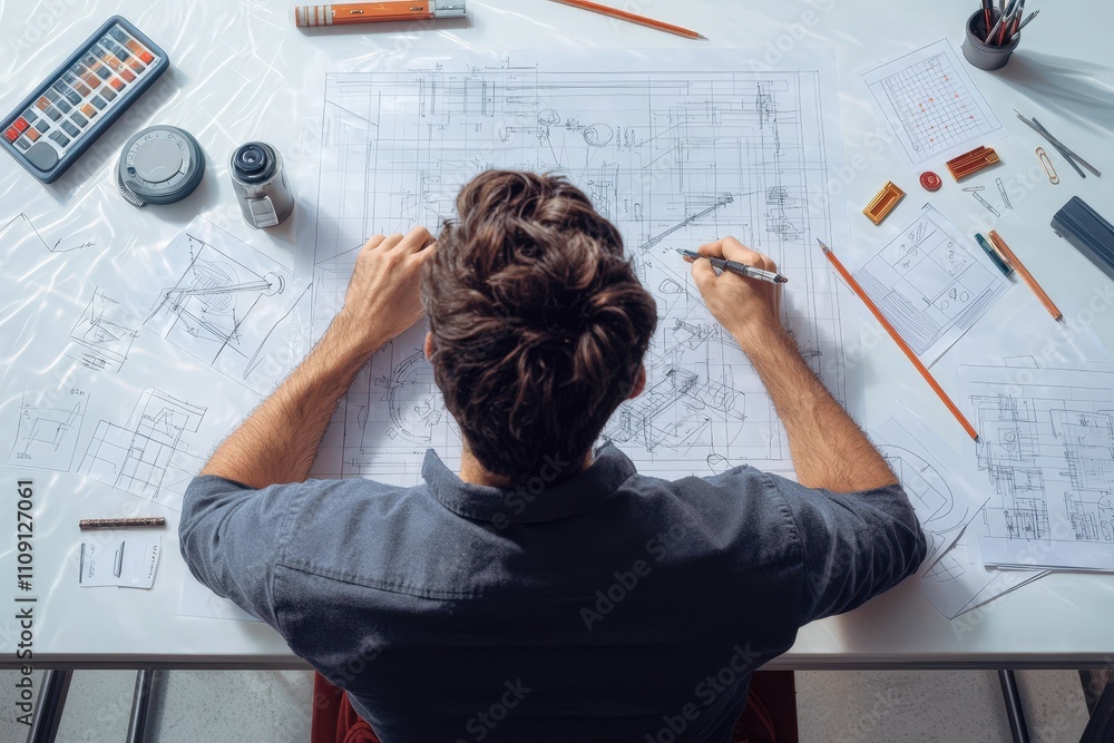 Poster detail-oriented architect working on blueprint designs at a modern desk