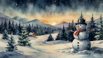 Obraz premium Watercolor Christmas scene with snowman and tree on snowy landscape.