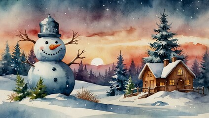 Fototapeta premium Watercolor Christmas scene with snowman and tree on snowy landscape.