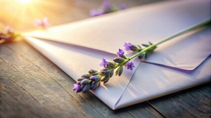 Naklejka premium A lavender sprig rests delicately on a pristine white envelope, bathed in warm sunlight, casting a soft glow on the wooden surface beneath.