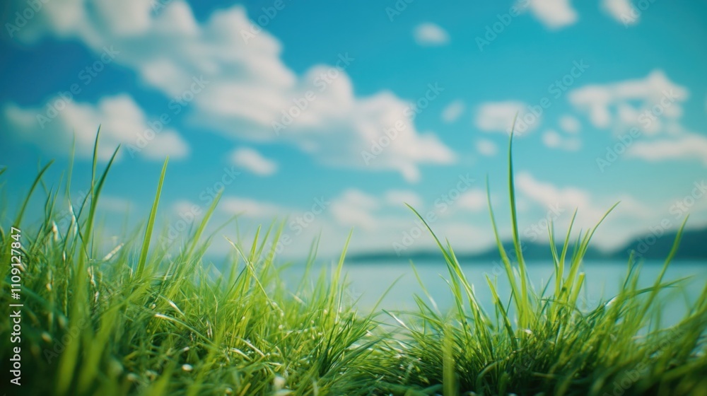 Poster a serene landscape featuring a green field with a lake in the background