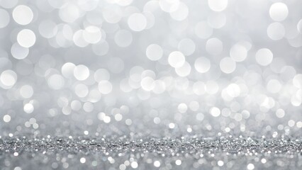 Abstract silver bokeh lights with soft glowing gradient background.