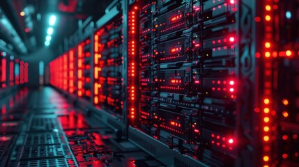 Obraz premium A futuristic server room illuminated by red lights, featuring rows of high-tech servers and a sleek, modern design.