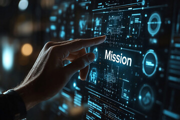 Businessman clicks on virtual screen Mission, Mission vision values image. 