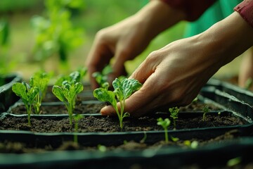 Fototapeta premium Farmer taking care of seedlings growing in seed tray in greenhouse