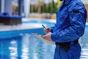 A person wearing a blue uniform writes on a clipboard, focused and attentive