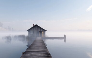 A serene lakeside scene featuring a solitary cabin on a dock surrounded by mist.