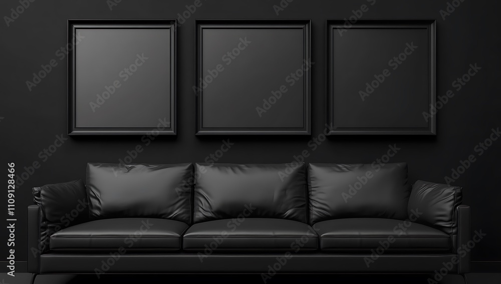 Poster A modern black sofa against a dark wall, featuring three empty black frames, creating a sleek and minimalist aesthetic.