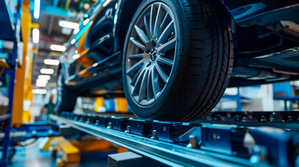 Obraz premium Grid sensor sets mechanic on auto: Car stand with sensors for wheel alignment camber check in a service station.