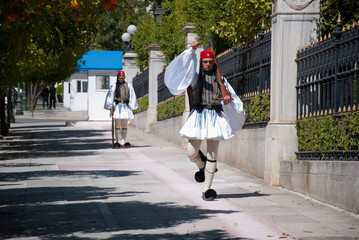 Athens, Greece / September 2023: The presidential palace guard in traditional Greek Tsolias outfit. 