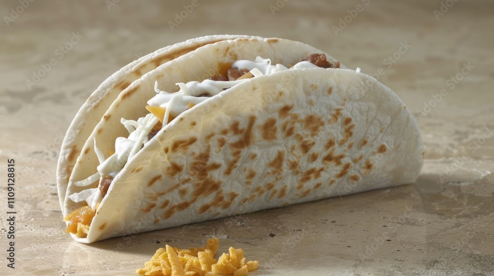 Poster a close-up shot of a taco sitting on a table, ready to be devoured