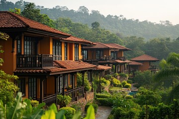 Fototapeta premium Luxurious tropical resort nestled in lush green rainforest landscape