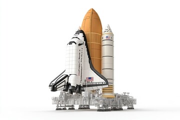 A scale model of a space shuttle sitting on a white surface, ready for display or use as a prop