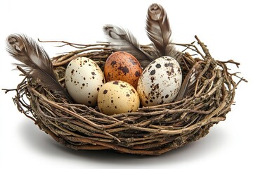 Obraz premium Quail eggs resting in bird nest with feathers on white background