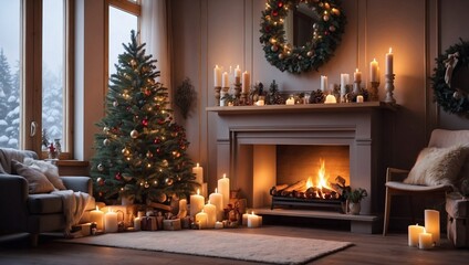 Obraz premium Cozy Living Room with Fireplace and Candles