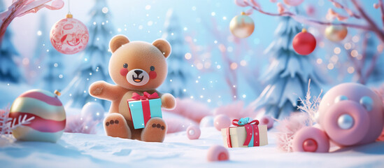 Fototapeta premium Adorable teddy bear surrounded by colorful presents, a perfect Christmas scene 