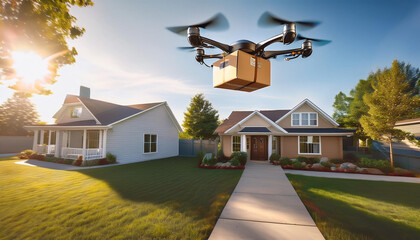 Drone Flying with Package Over Suburban Homes, Contactless Delivery Concept