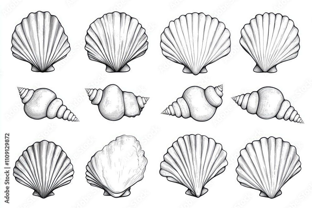 Poster illustration of various seashells arranged on a plain white surface