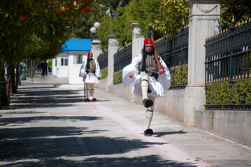 Athens, Greece / September 2023: The presidential palace guard in traditional Greek Tsolias outfit. 
