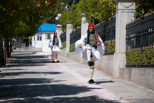 Athens, Greece / September 2023: The presidential palace guard in traditional Greek Tsolias outfit. 