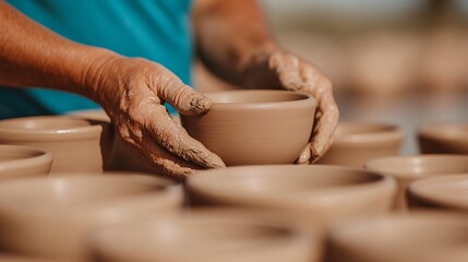 Artisans shaping clay bowls by hand in a sunny workshop atmosphere