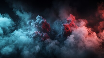 Obraz premium A chaotic burst of smoky textures in deep crimson and metallic cyan tones, forming jagged, unpredictable shapes against a smoky black.