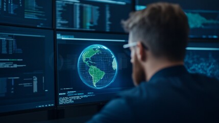 Advanced technology user analyzes global data in a high-tech workspace at night