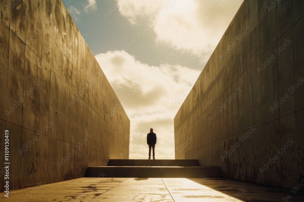 Poster a person stands in a hallway with a sky background, perfect for use in interior design or architectu