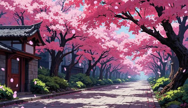 Tranquil cherry blossom lane in springtime breeze