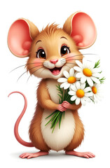 happy smiling mouse holding a big bouquet of wild daisies