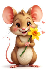 happy smiling mouse holding daffodil flower