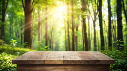 A rustic wooden table sits atop a bed of lush greenery in a sun-drenched forest setting