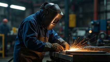 Welder working on automotive parts in a factory.
