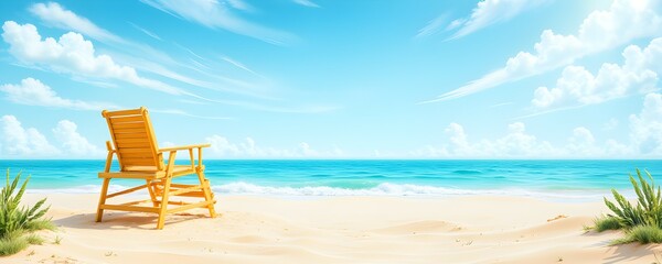 Tranquil beach scene: A solitary wooden chair sits on pristine sand, facing a calm turquoise ocean under a vibrant blue sky dotted with fluffy white clouds.  Pure serenity.