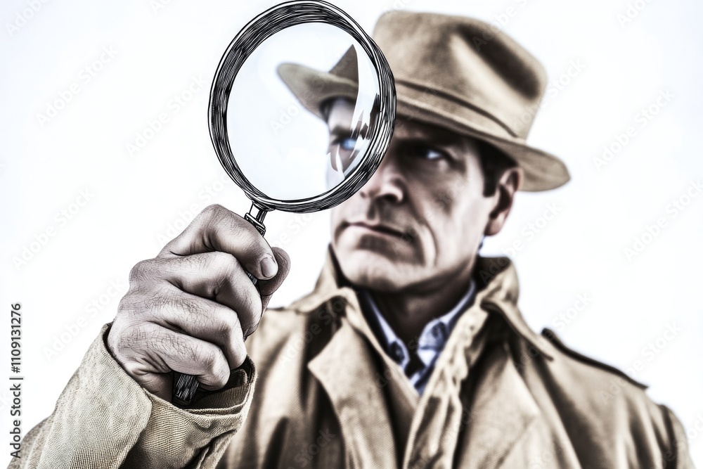 Aufkleber a man in a hat is examining something closely using a magnifying glass