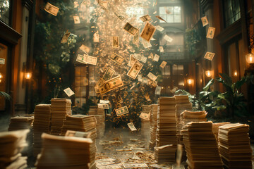 Money cascades from the ceiling in a lavish, opulent mansion filled with stacks of cash. Generative AI