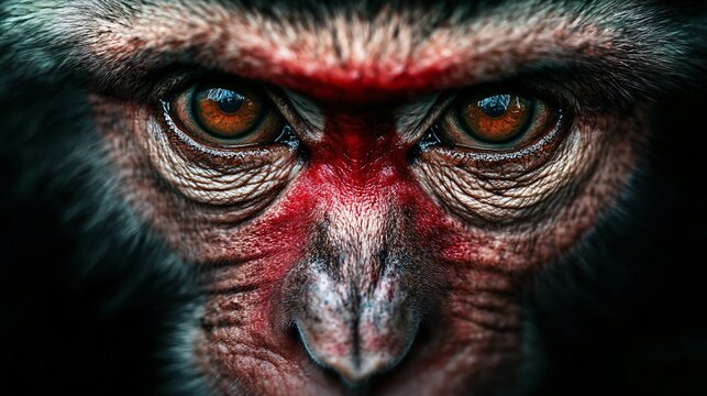 Japanese snow monkey with red face displays intense gaze in natural habitat