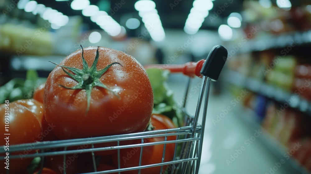 Poster fresh tomatoes fill a shopping cart at a grocery store