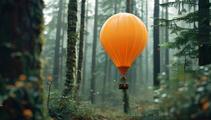 Obraz premium Hot air balloon adventure forest nature photography misty environment aerial view serenity and exploration